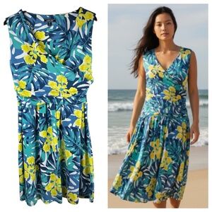Lands End Dress Sundress Sz XL 1X 18 Tropical Floral Hawaiian Blue Yellow Resort